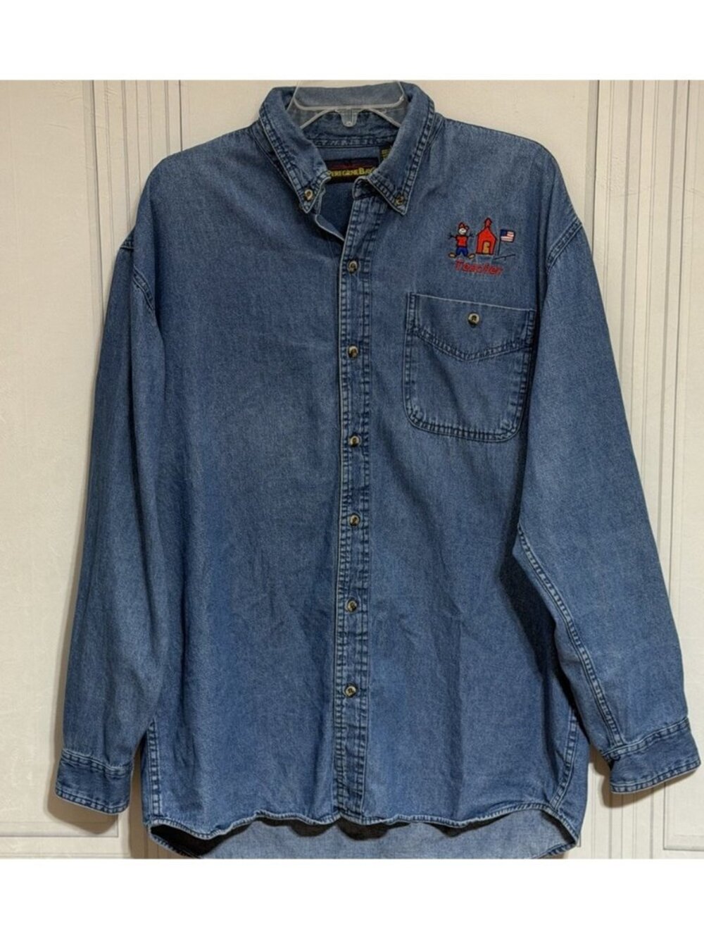 Vintage Womens L Denim Button Down Shirt  Embroidered Teacher School Peregrine